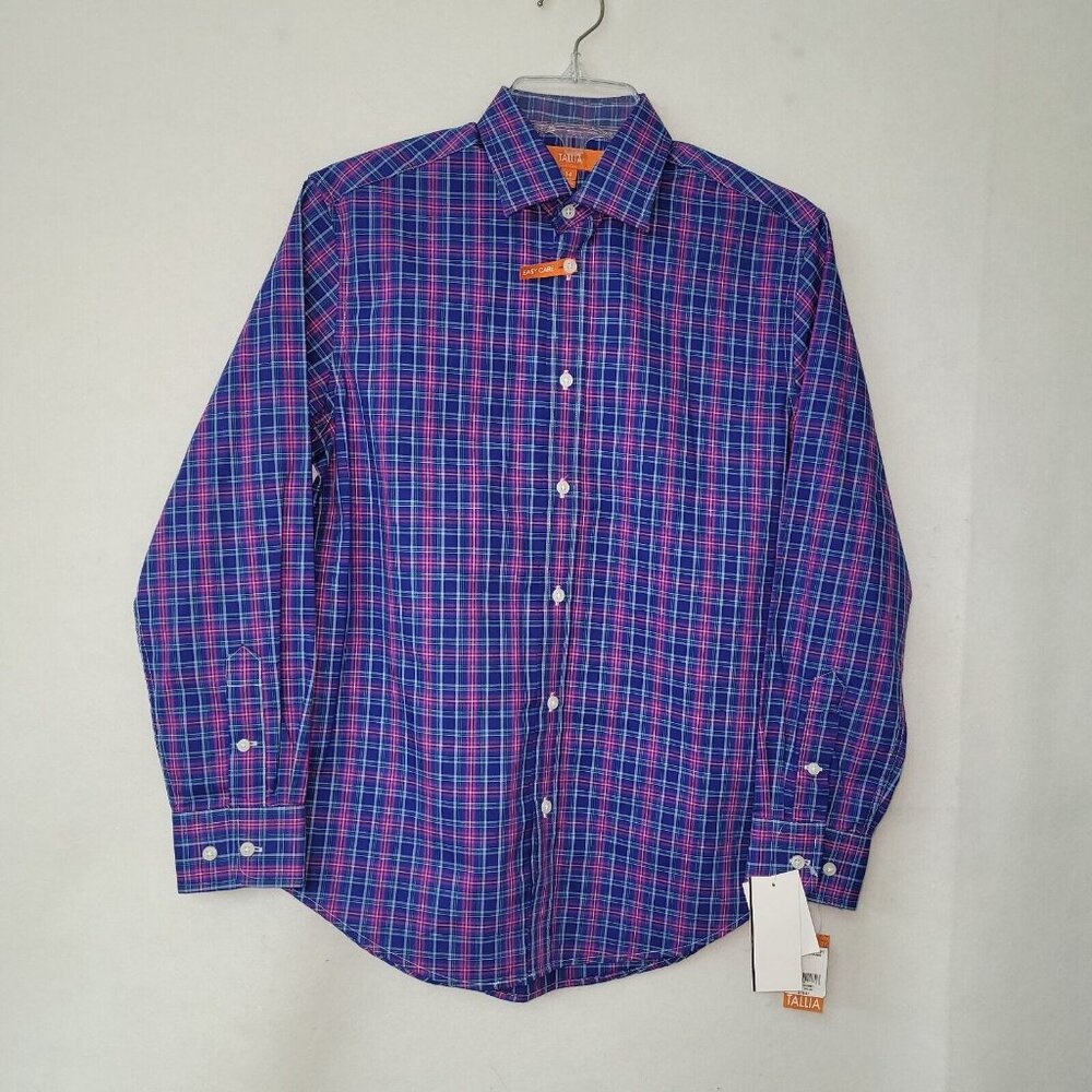 Tallia Shirt Boys 14 Blue Fuchsia Plaid Long Sleeve‎ Button Up Dress Shirt New